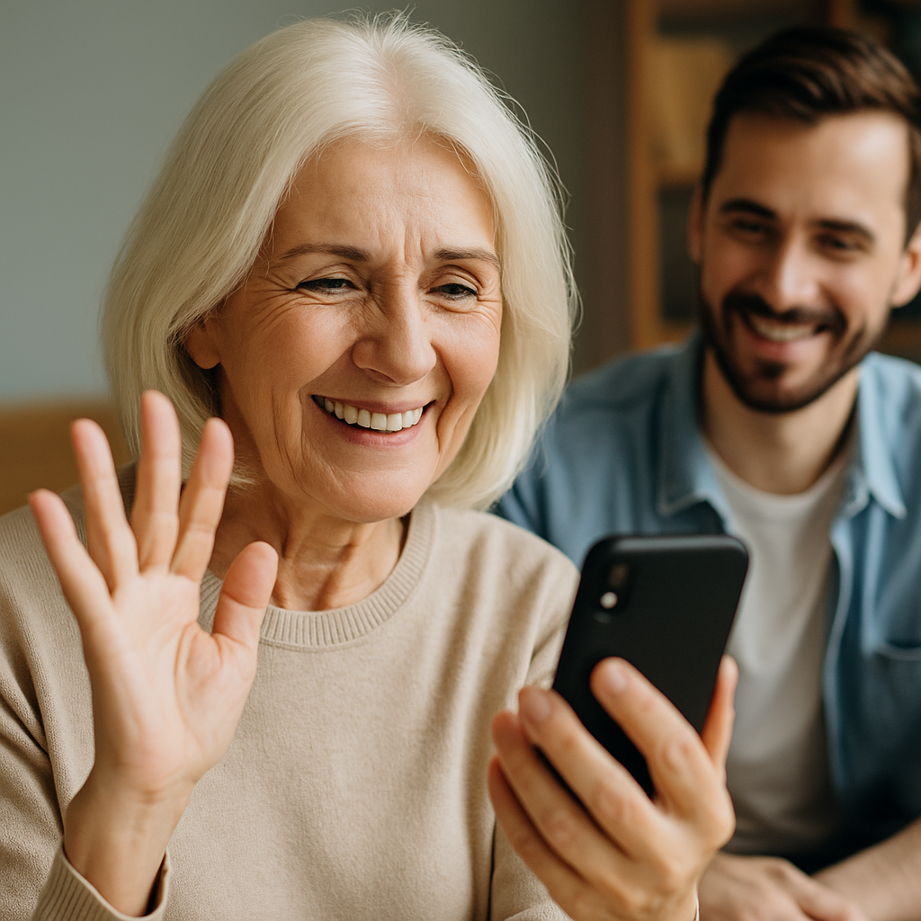 Technikbegleitung, eine ältere Frau winkt in ihr Handy, ein jüngerer Man sitzt rechts hinter ihr und lacht ebenfalls